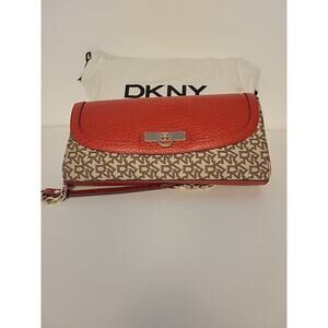 DKNY Beekman Signature Chino Canvas and Orange Leather Flap Shoulder Bag